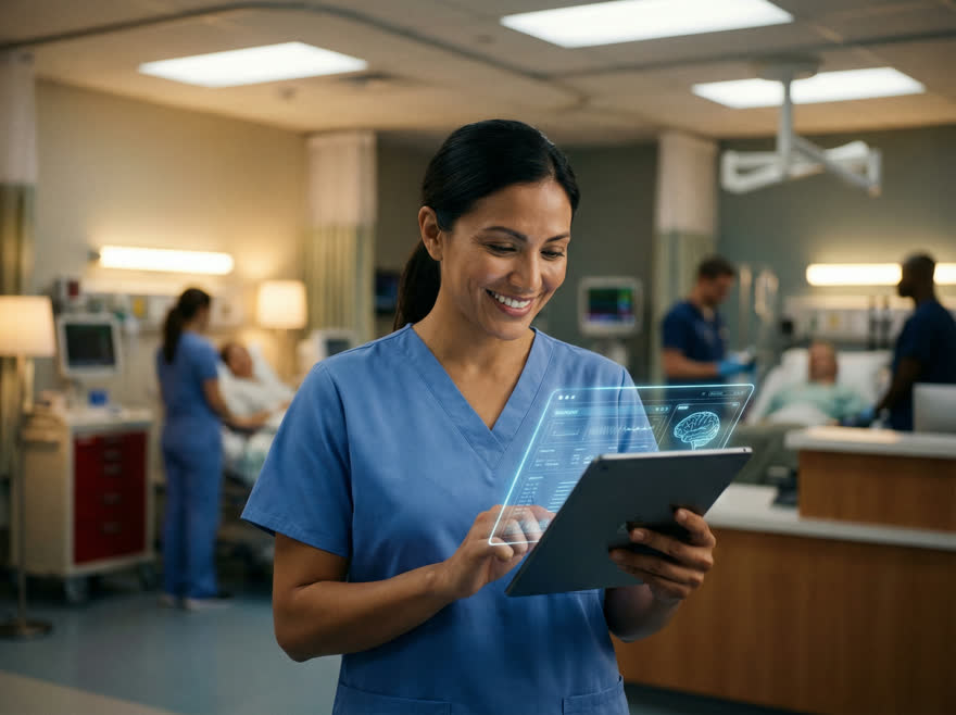 ER nurse using AI on tablet